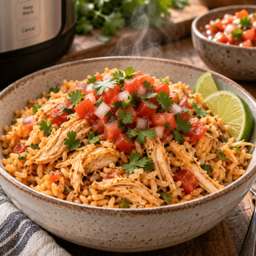 Instant Pot chicken and rice with salsa and cheddar