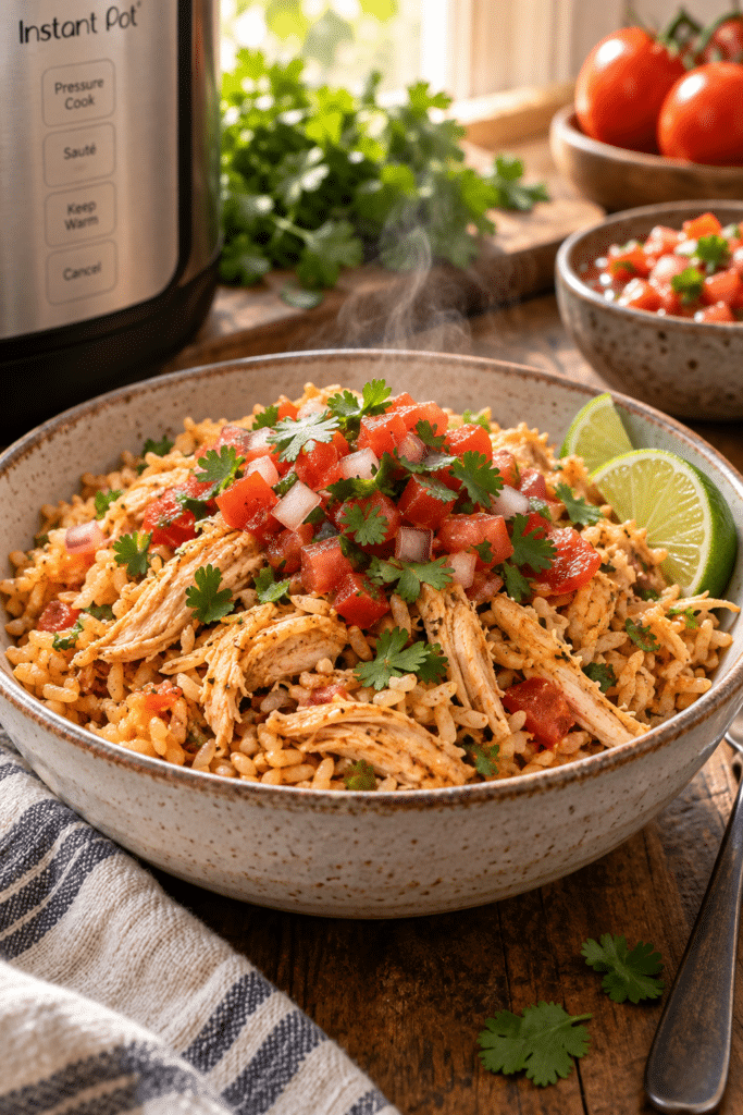 Instant Pot chicken and rice with salsa and cheddar
