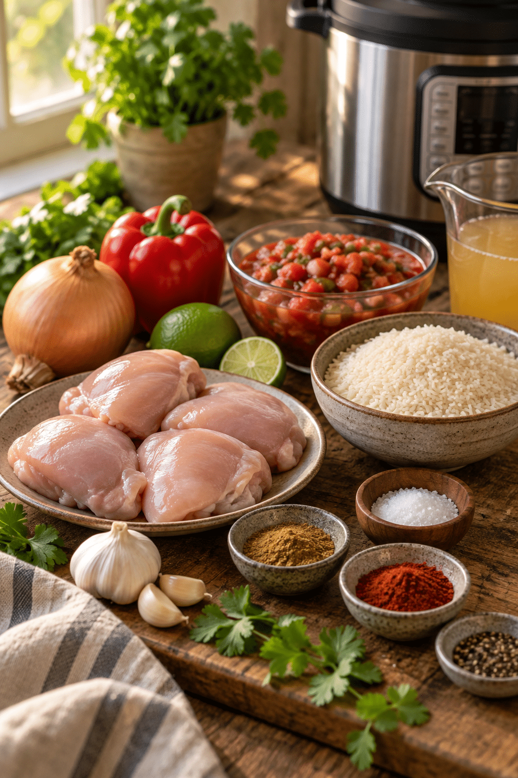Ingredients for instant pot dinners arranged on a counter
