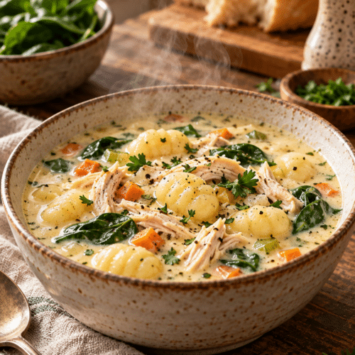 instant pot chicken gnocchi soup in a bowl
