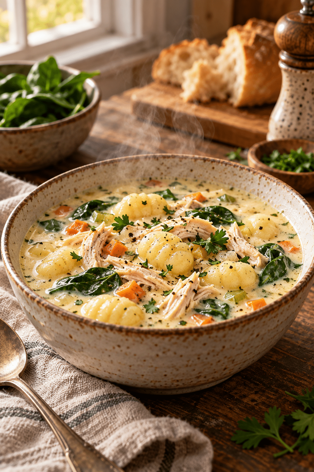 instant pot chicken gnocchi soup in a bowl