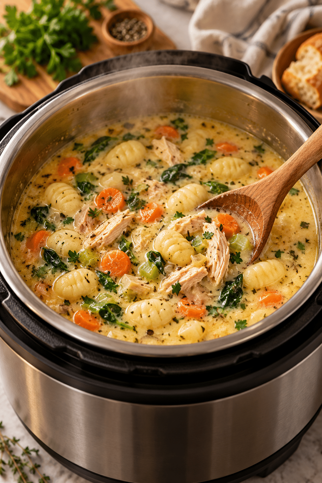 instant pot chicken gnocchi soup preparation