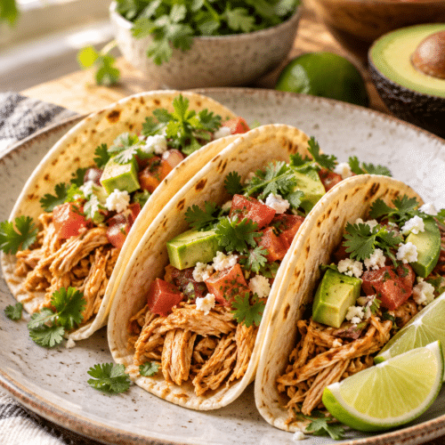 Instant Pot chicken tacos with avocado and tomato