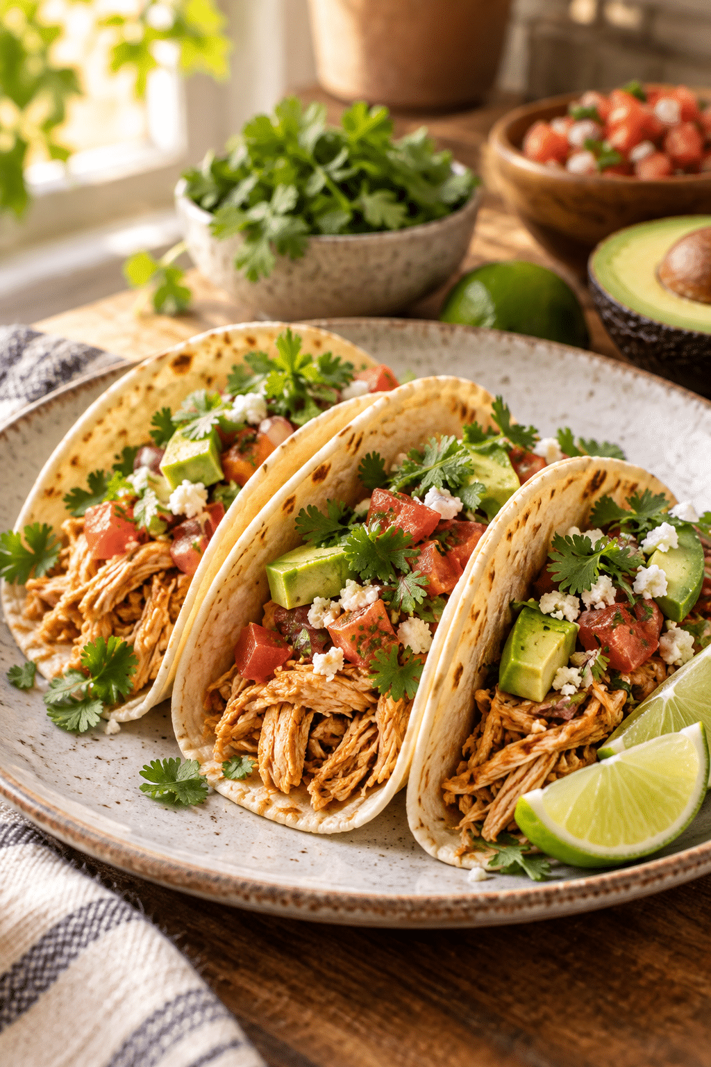 Instant Pot chicken tacos with avocado and tomato