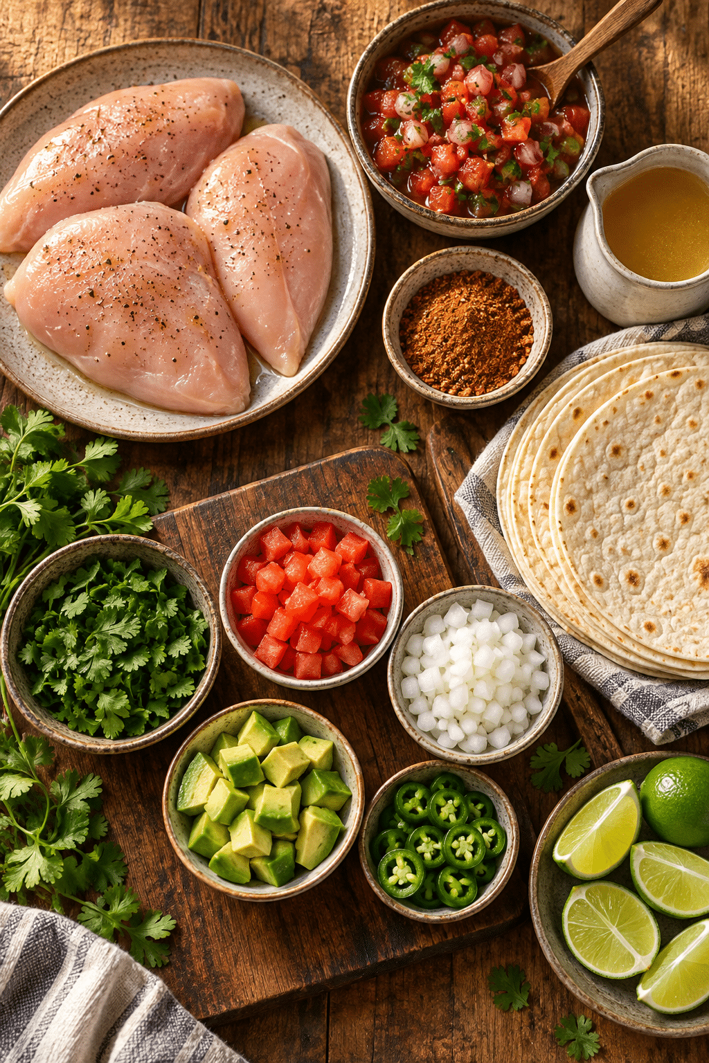 Instant Pot chicken taco ingredients arranged on a counter