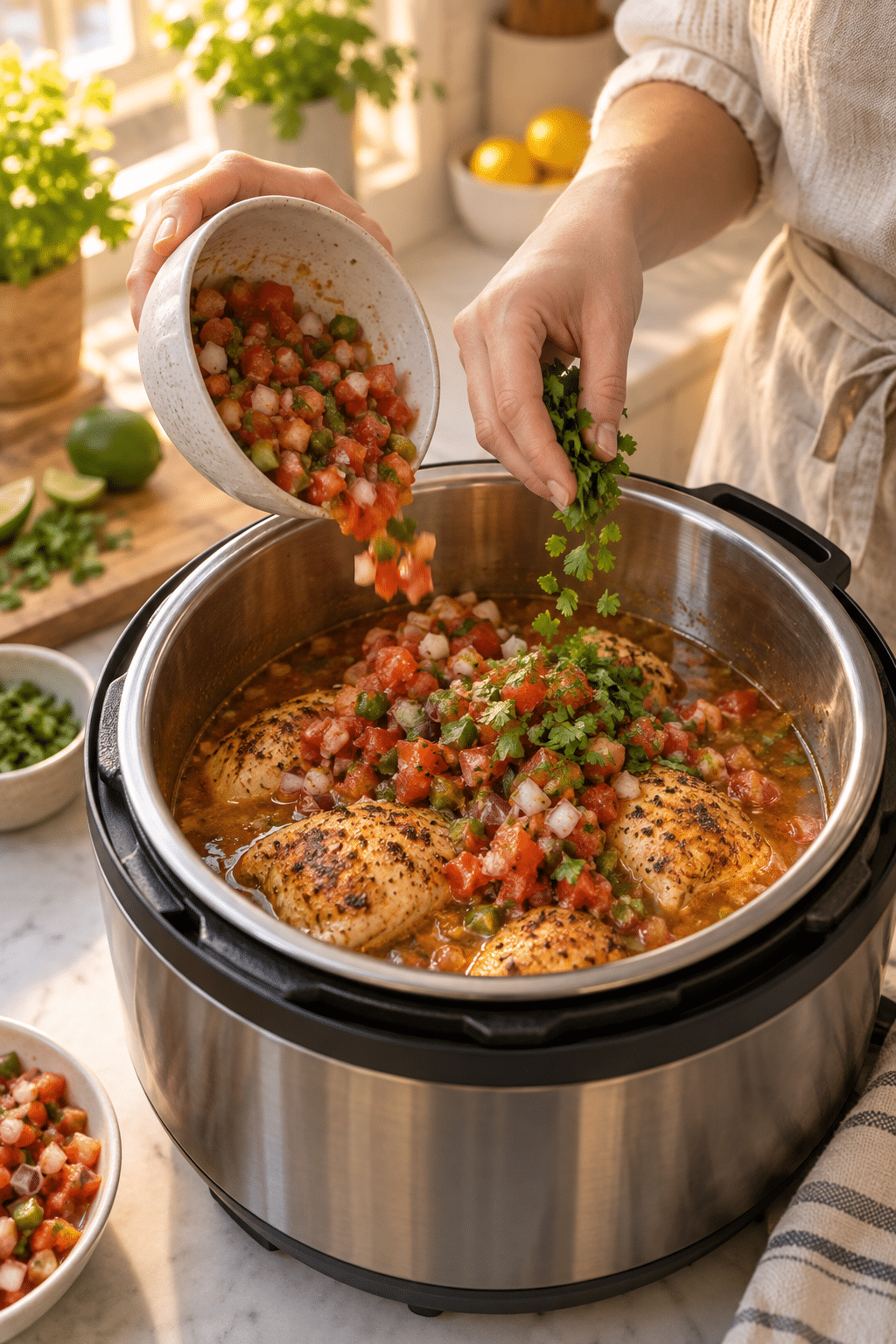 Chicken taco filling cooking in the Instant Pot