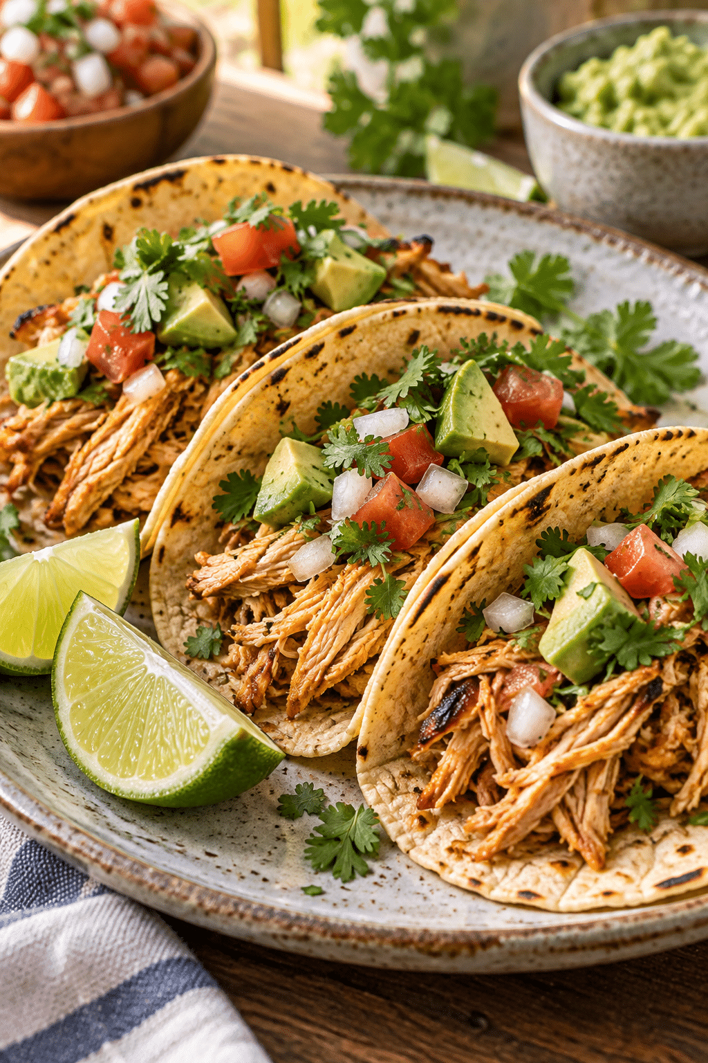 Shredded chicken tacos served with lime and fresh toppings