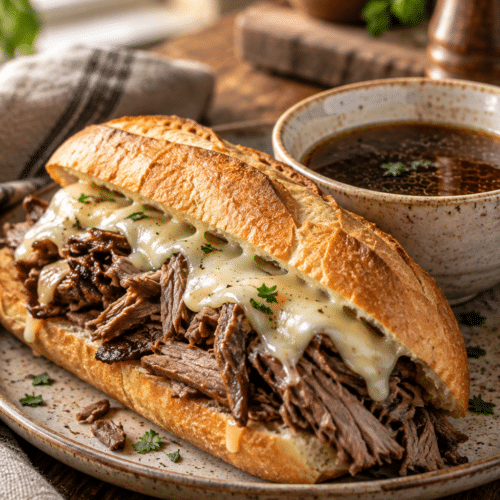 Instant Pot French Dip sandwiches with melted provolone