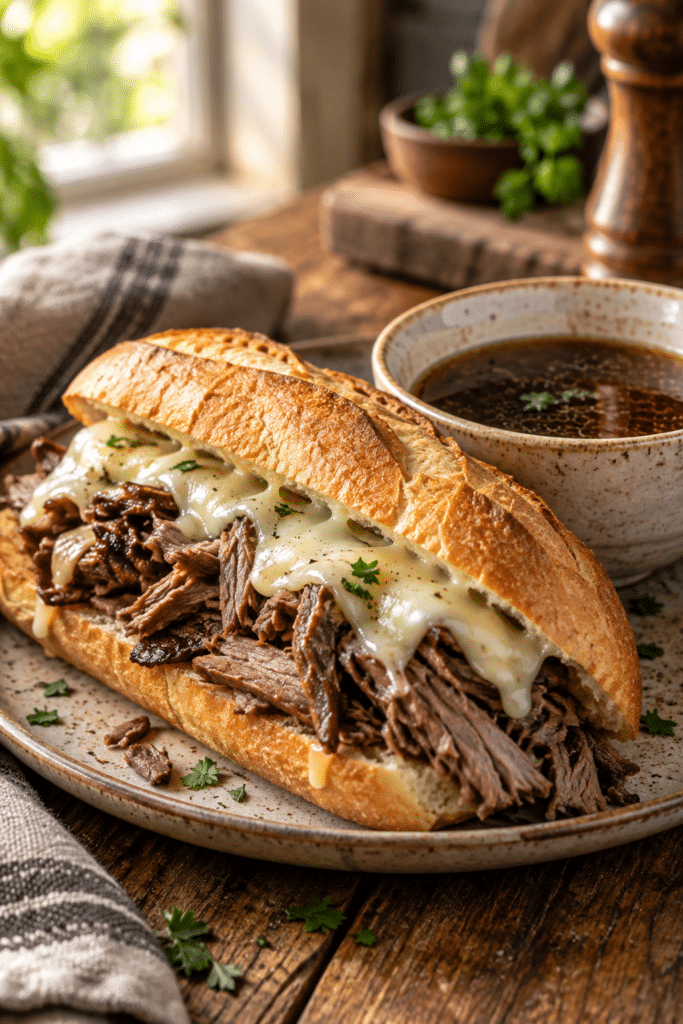 Instant Pot French Dip sandwiches with melted provolone