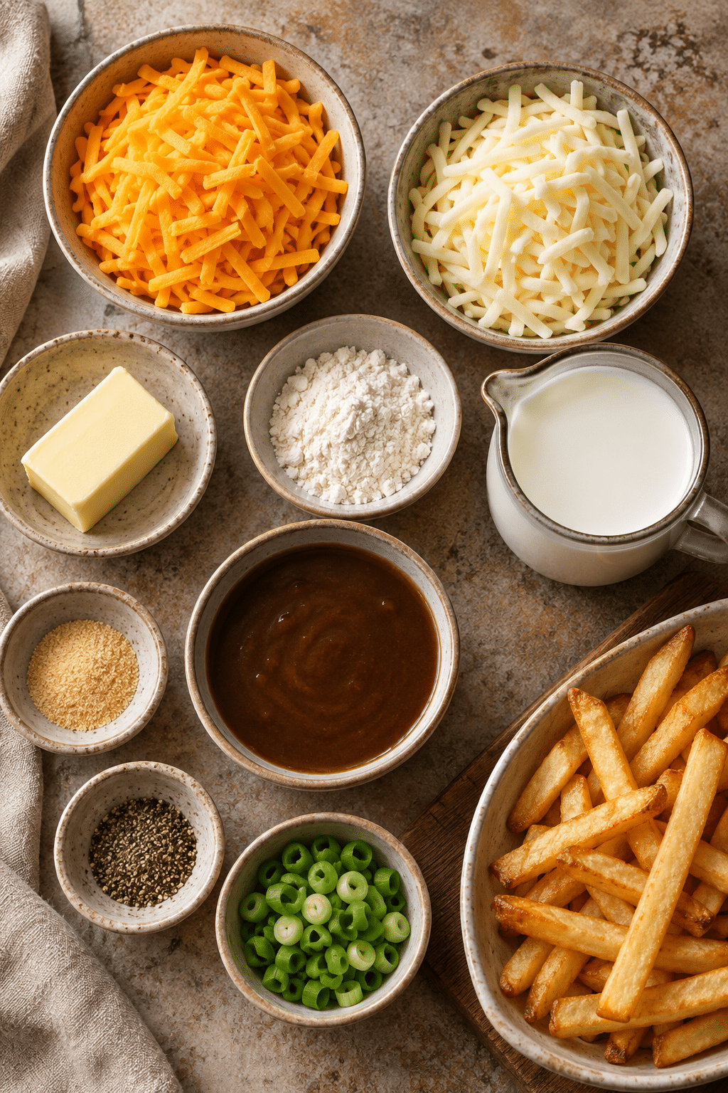 Ingredients for Jersey disco fry dip arranged for cooking