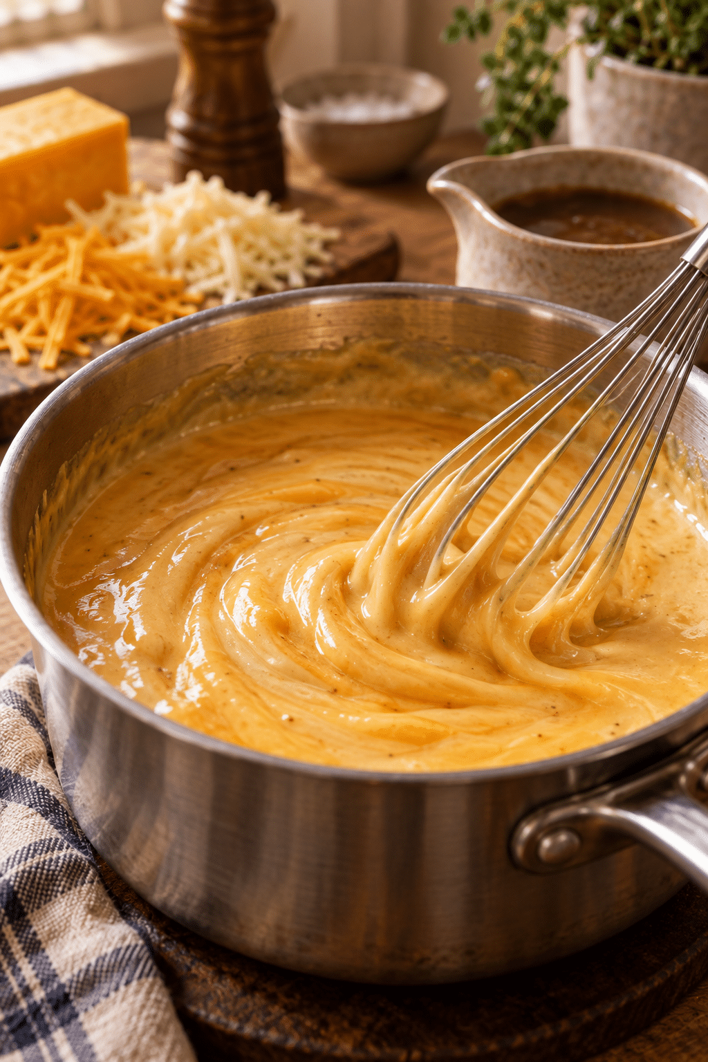 Cheese and gravy sauce being stirred for Jersey disco fry dip
