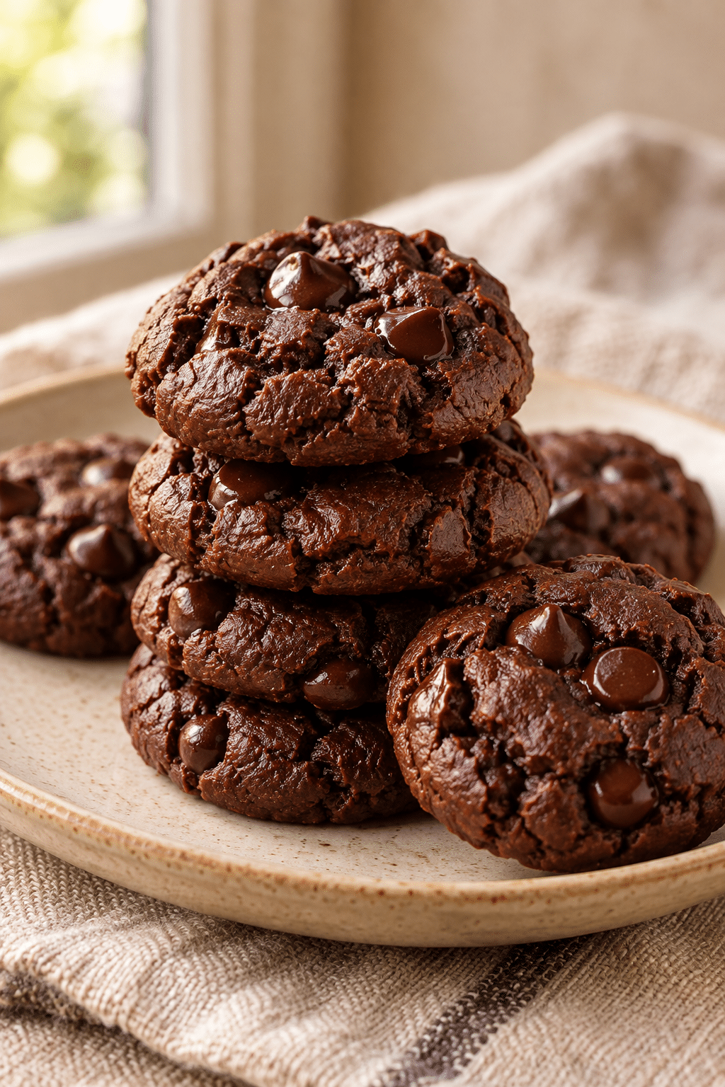 keto flourless fudge cookies stacked on a plate