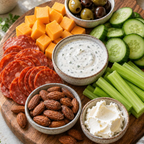 keto snacks arranged on a no-cook snack board