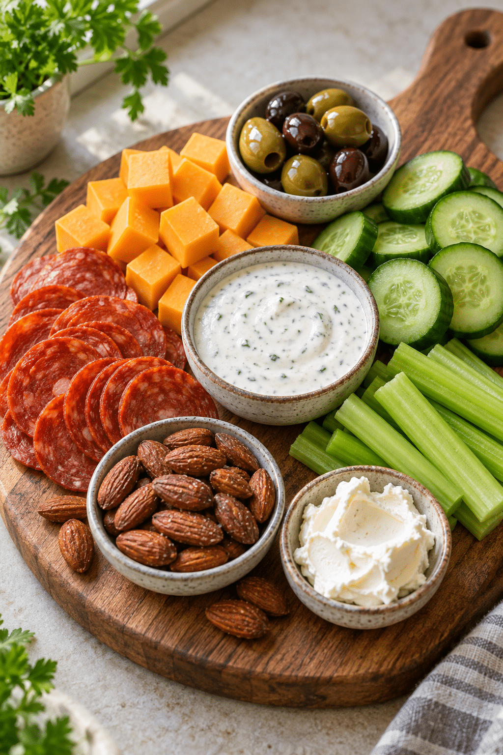 keto snacks arranged on a no-cook snack board