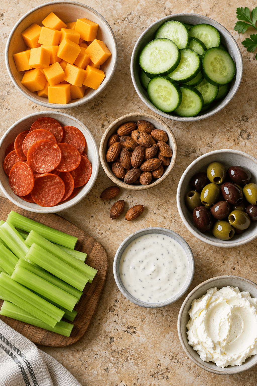 keto snacks ingredients measured for a snack board