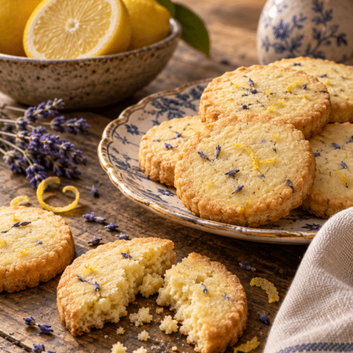 Lemon lavender shortbread cookies stacked with lemon and lavender