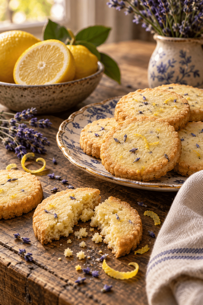 Lemon lavender shortbread cookies stacked with lemon and lavender