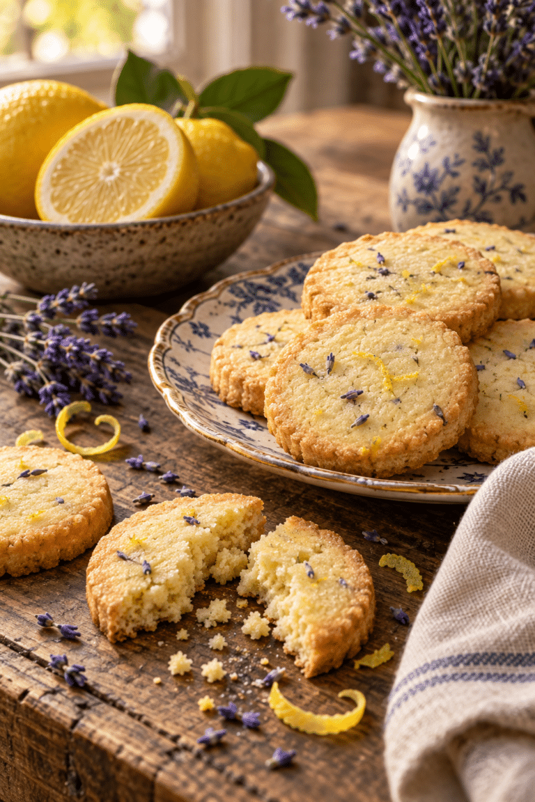 Lemon lavender shortbread cookies stacked with lemon and lavender