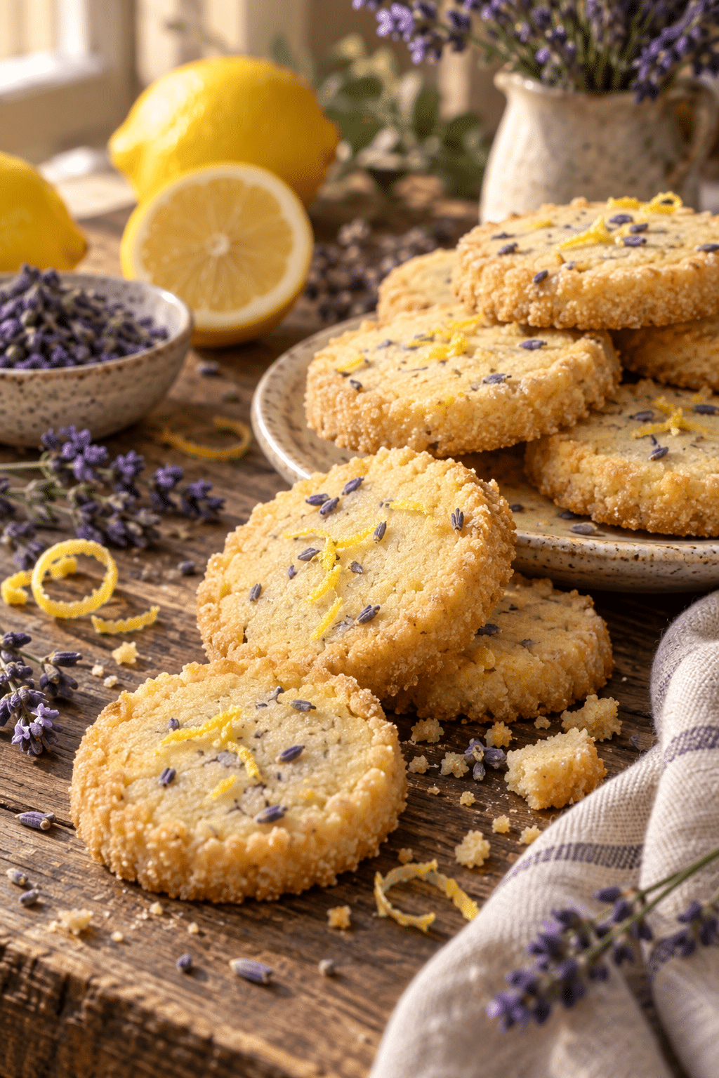 Ingredients for lemon lavender shortbread cookies arranged on a counter