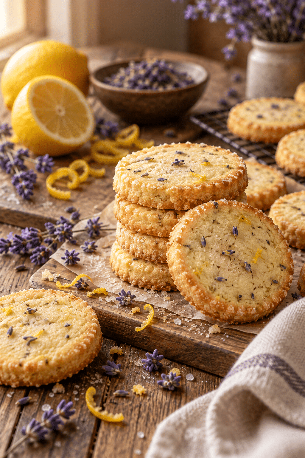 Sliced lemon lavender shortbread cookie dough ready to bake