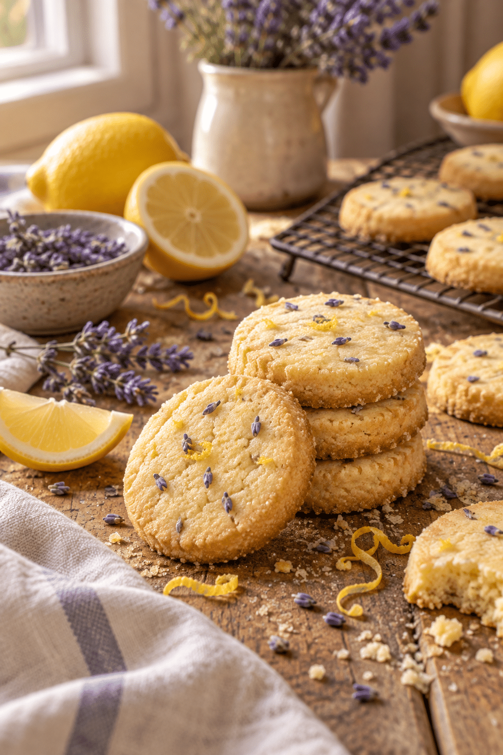 Lemon lavender shortbread cookies served with lemon and lavender