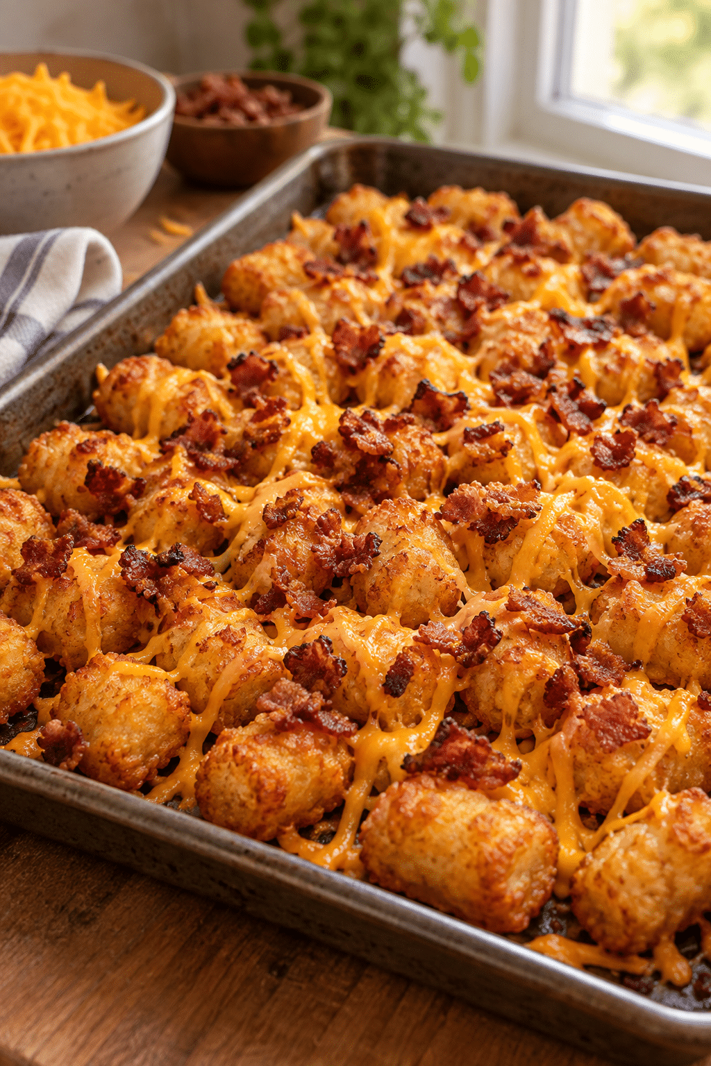loading tater tots with cheese and bacon