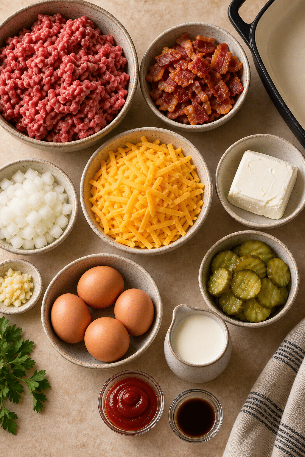Ingredients for low carb bacon cheeseburger casserole