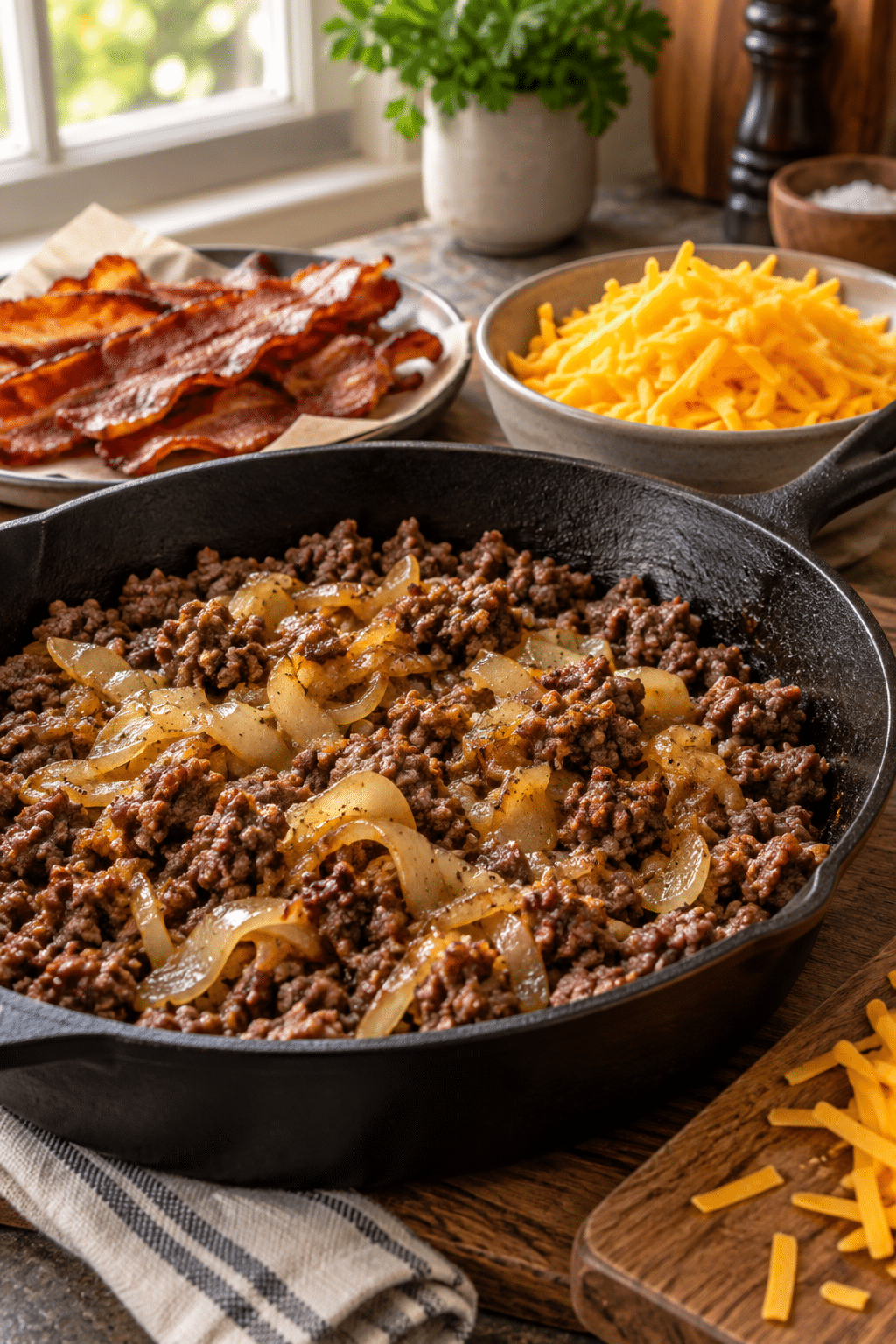 Low carb bacon cheeseburger casserole being assembled