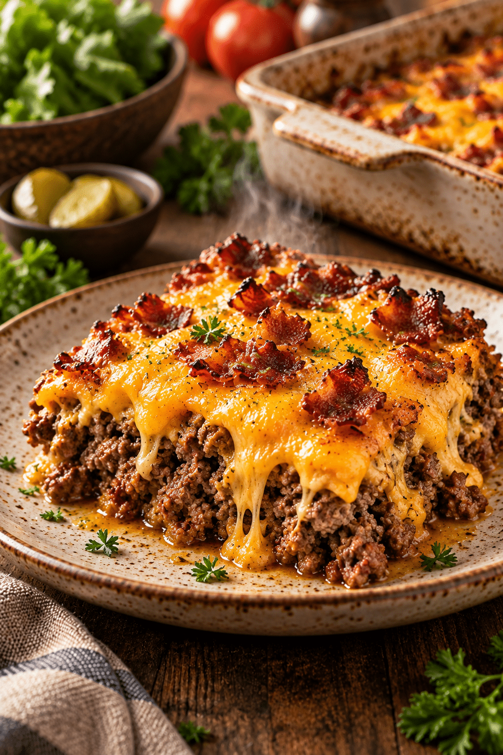 Baked low carb bacon cheeseburger casserole served hot