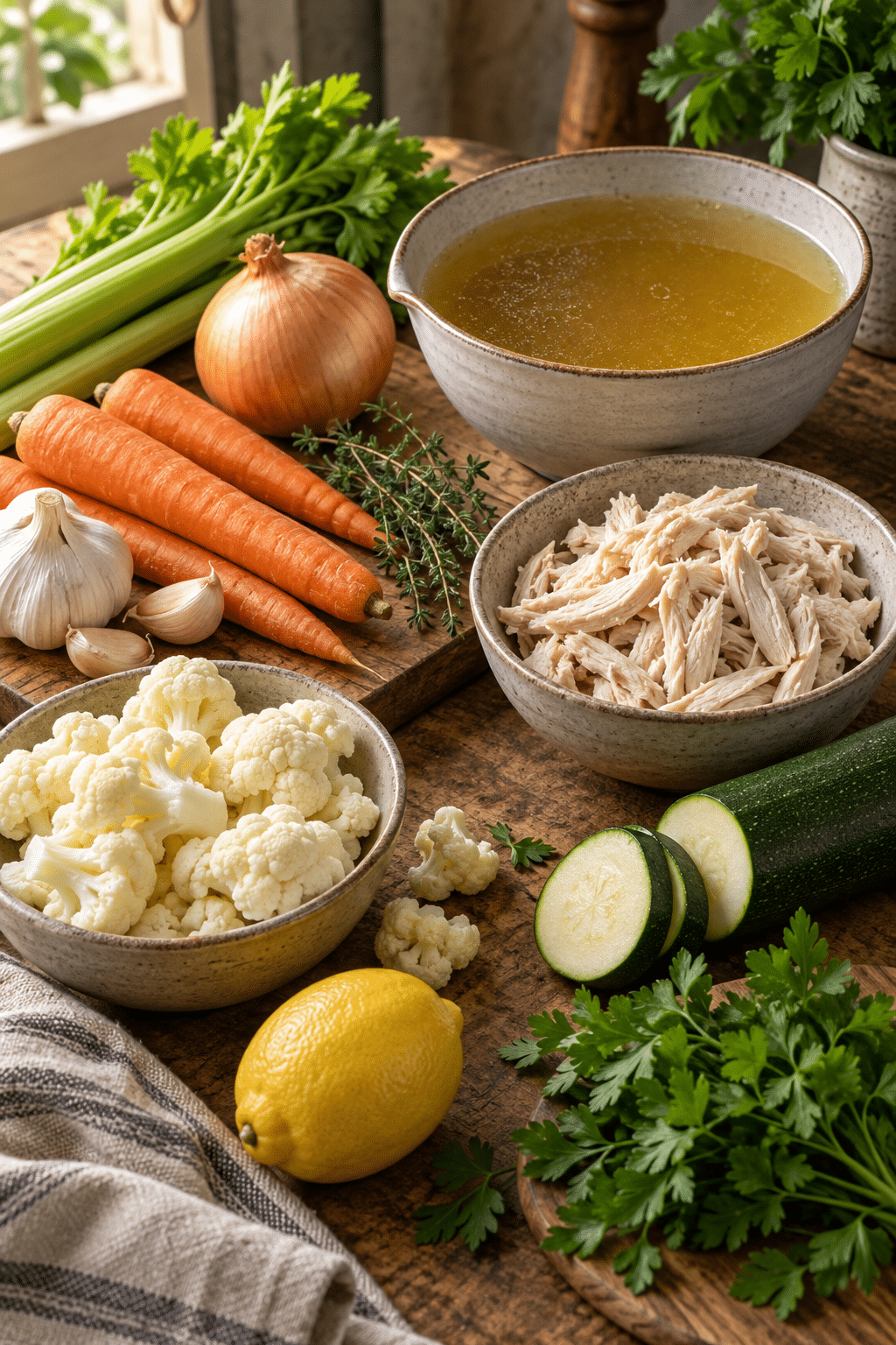 ingredients for low carb soup arranged on a counter
