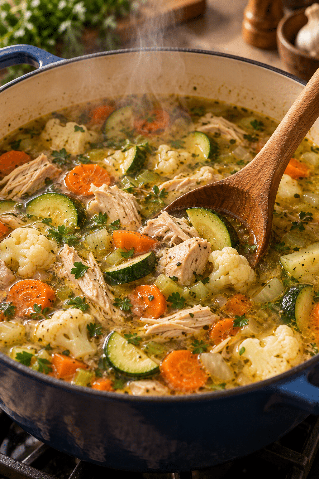 low carb soup simmering in a pot