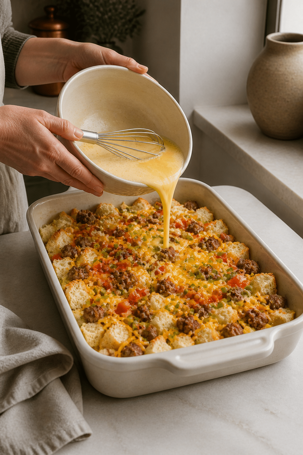 make ahead breakfast casserole being layered before chilling