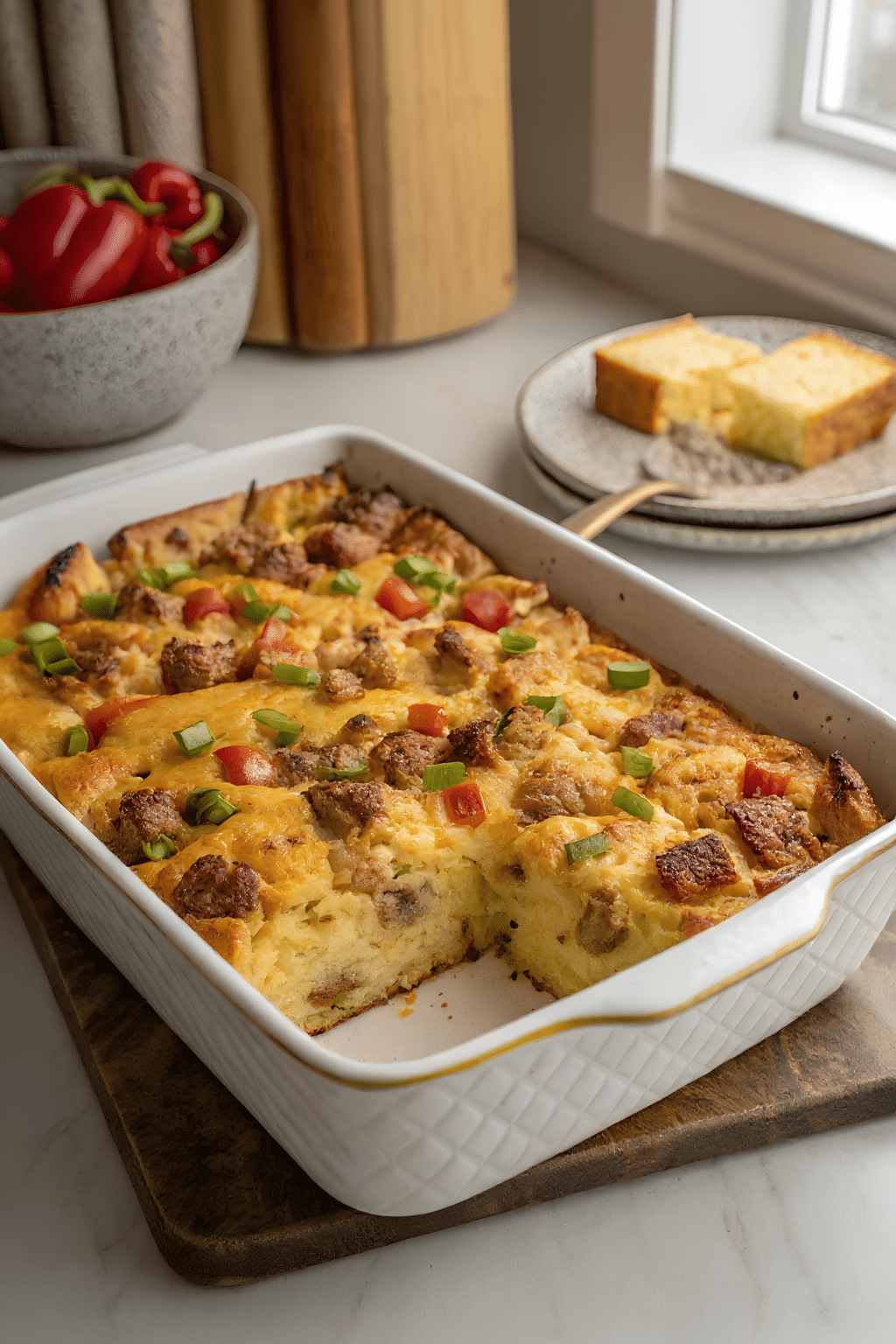 make ahead breakfast casserole sliced and ready to serve