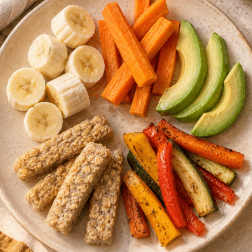 baby snacks arranged on a soft snack platter