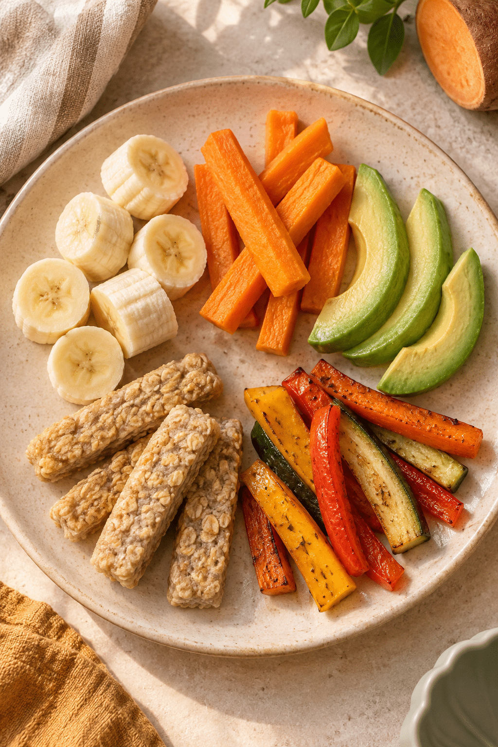 baby snacks arranged on a soft snack platter