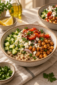 Mediterranean chickpea grain bowls with quinoa and vegetables