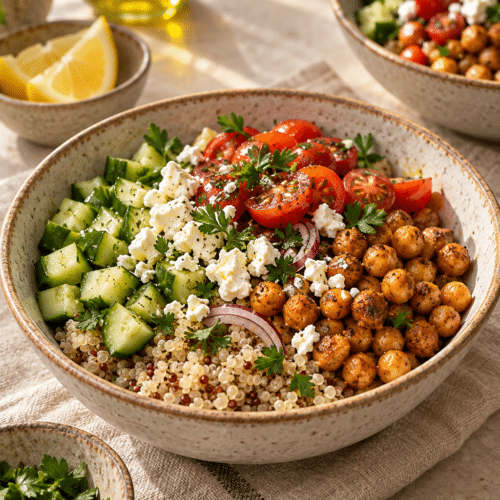 Mediterranean chickpea grain bowls with quinoa and vegetables