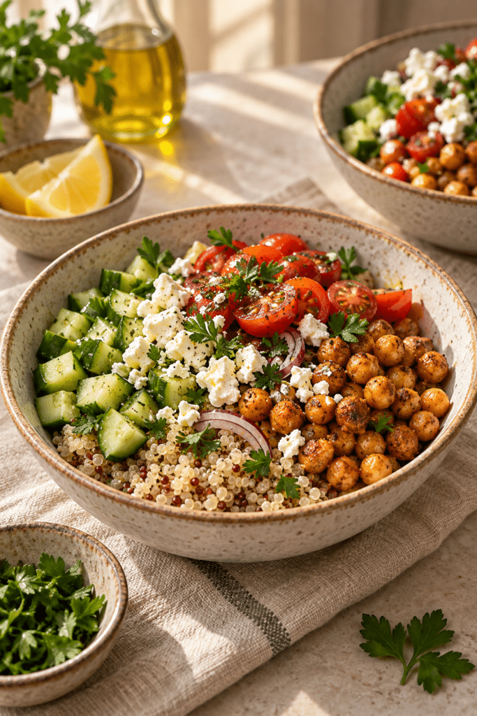 Mediterranean chickpea grain bowls with quinoa and vegetables
