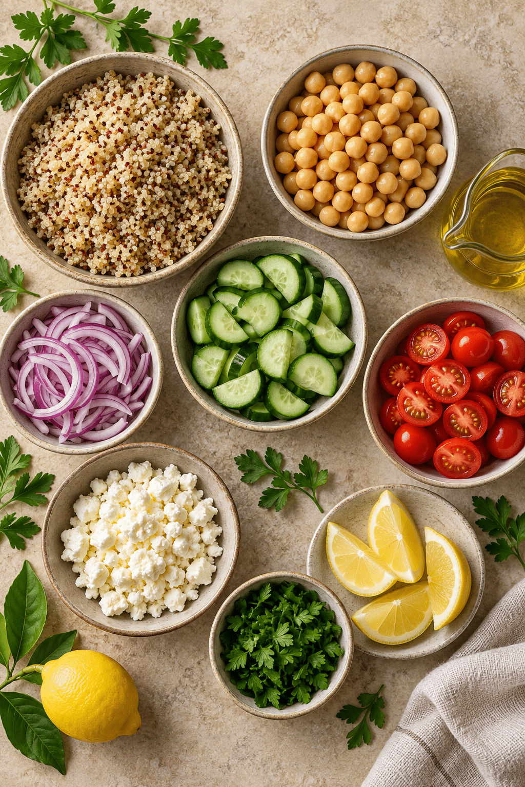 Ingredients for Mediterranean chickpea grain bowls