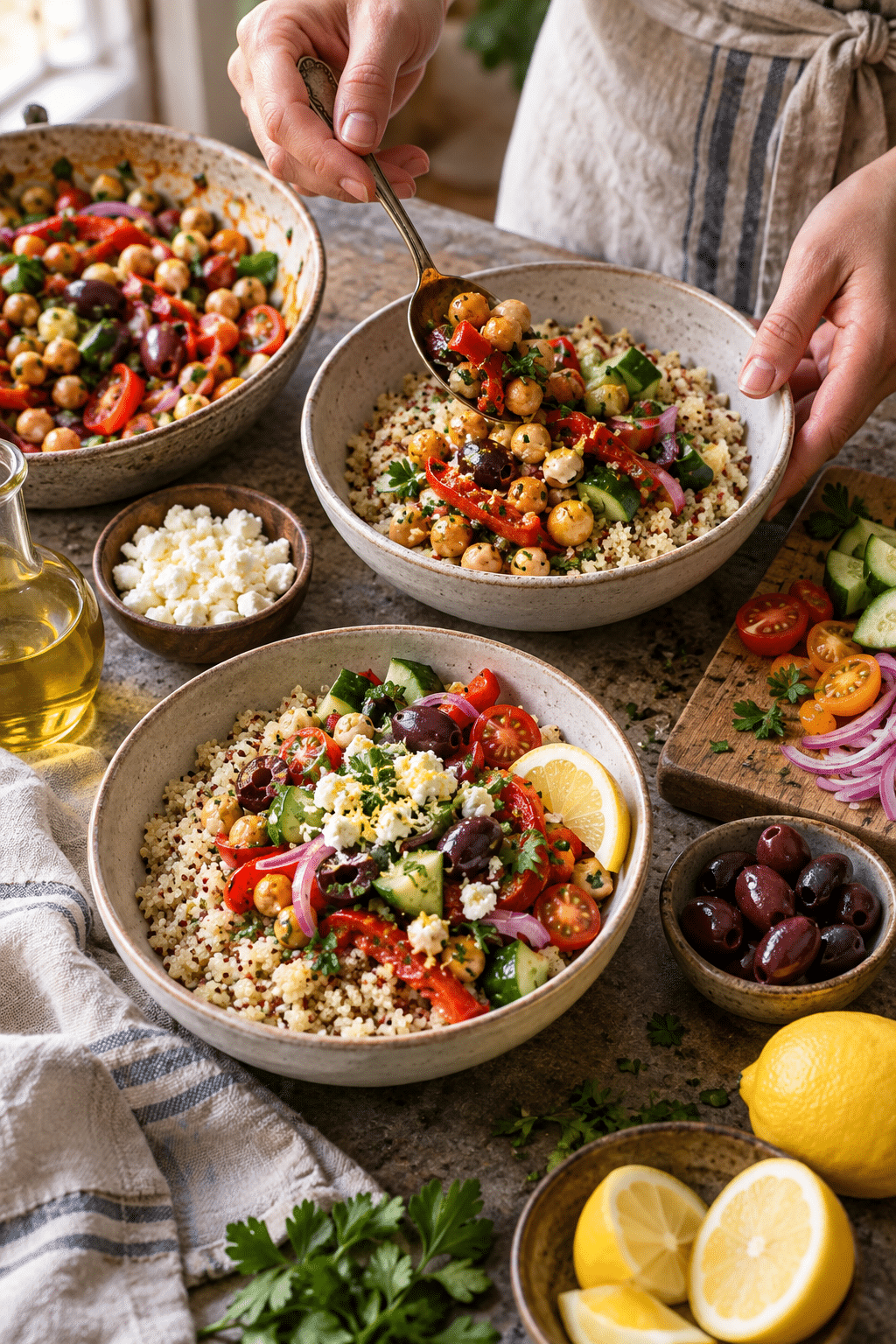 Assembling Mediterranean chickpea grain bowls with quinoa and vegetables