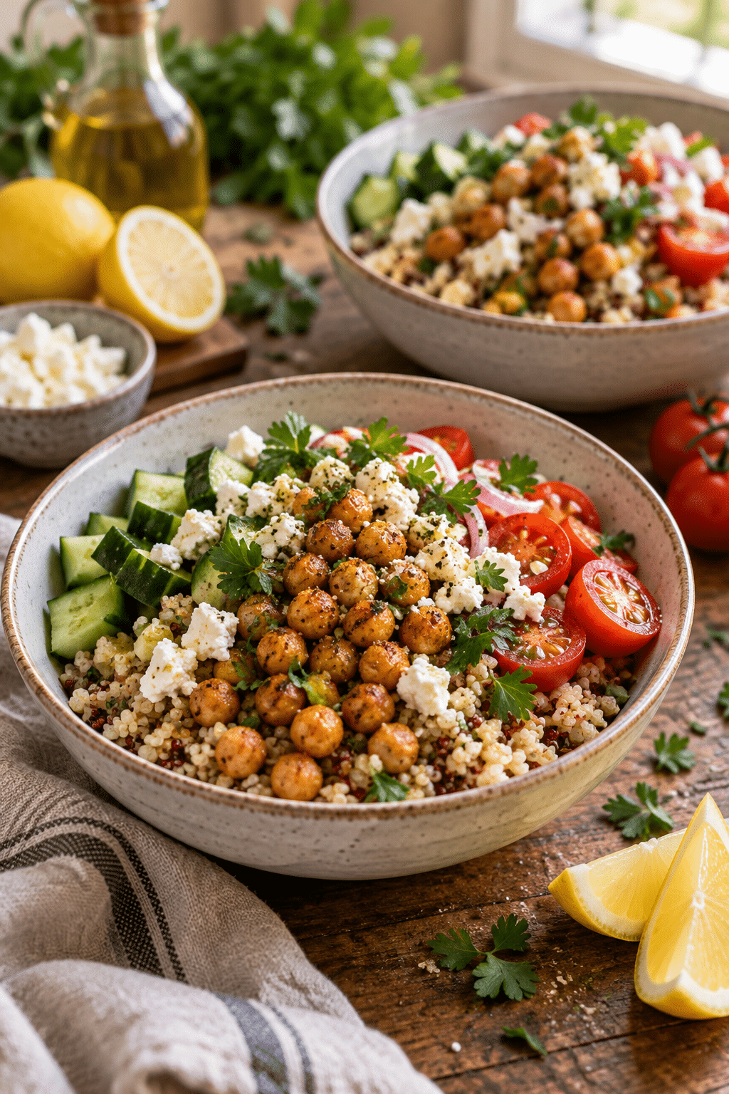 Finished Mediterranean chickpea grain bowls with quinoa, vegetables, and feta