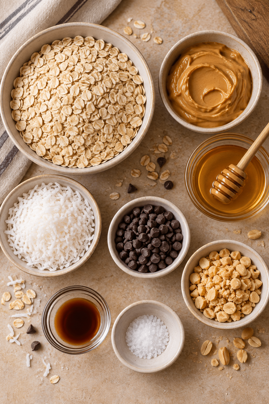 no bake snack bars ingredients measured in bowls