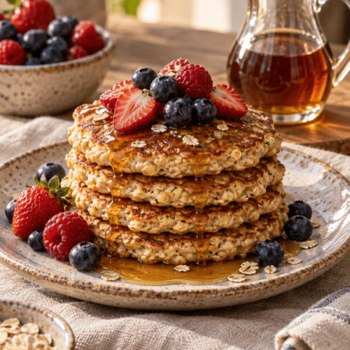 Old-fashioned oatmeal pancakes stacked with berries
