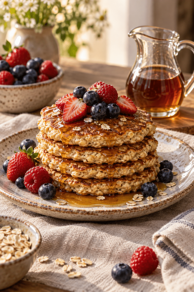 Old-fashioned oatmeal pancakes stacked with berries