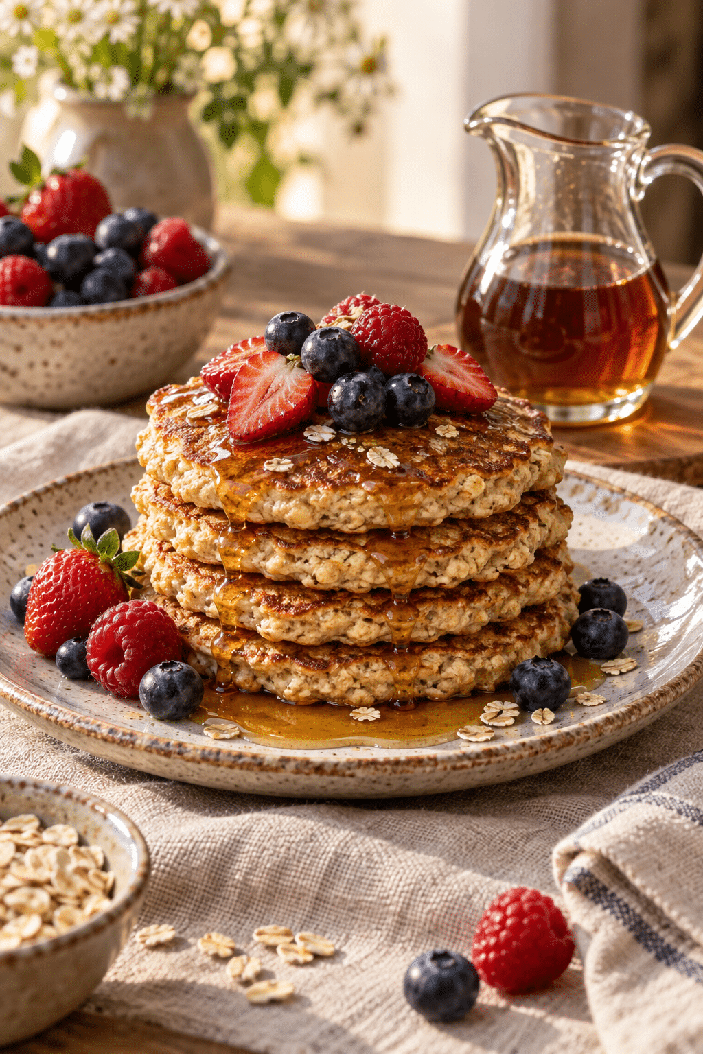 Old-fashioned oatmeal pancakes stacked with berries