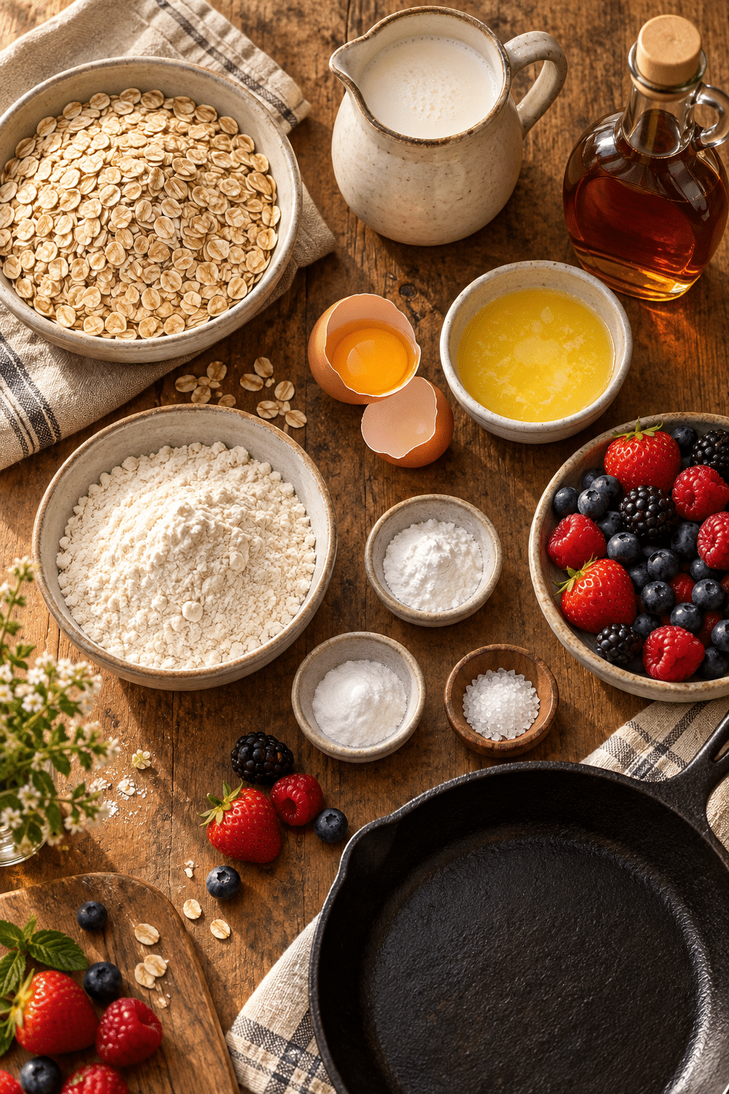 Ingredients for old-fashioned oatmeal pancakes