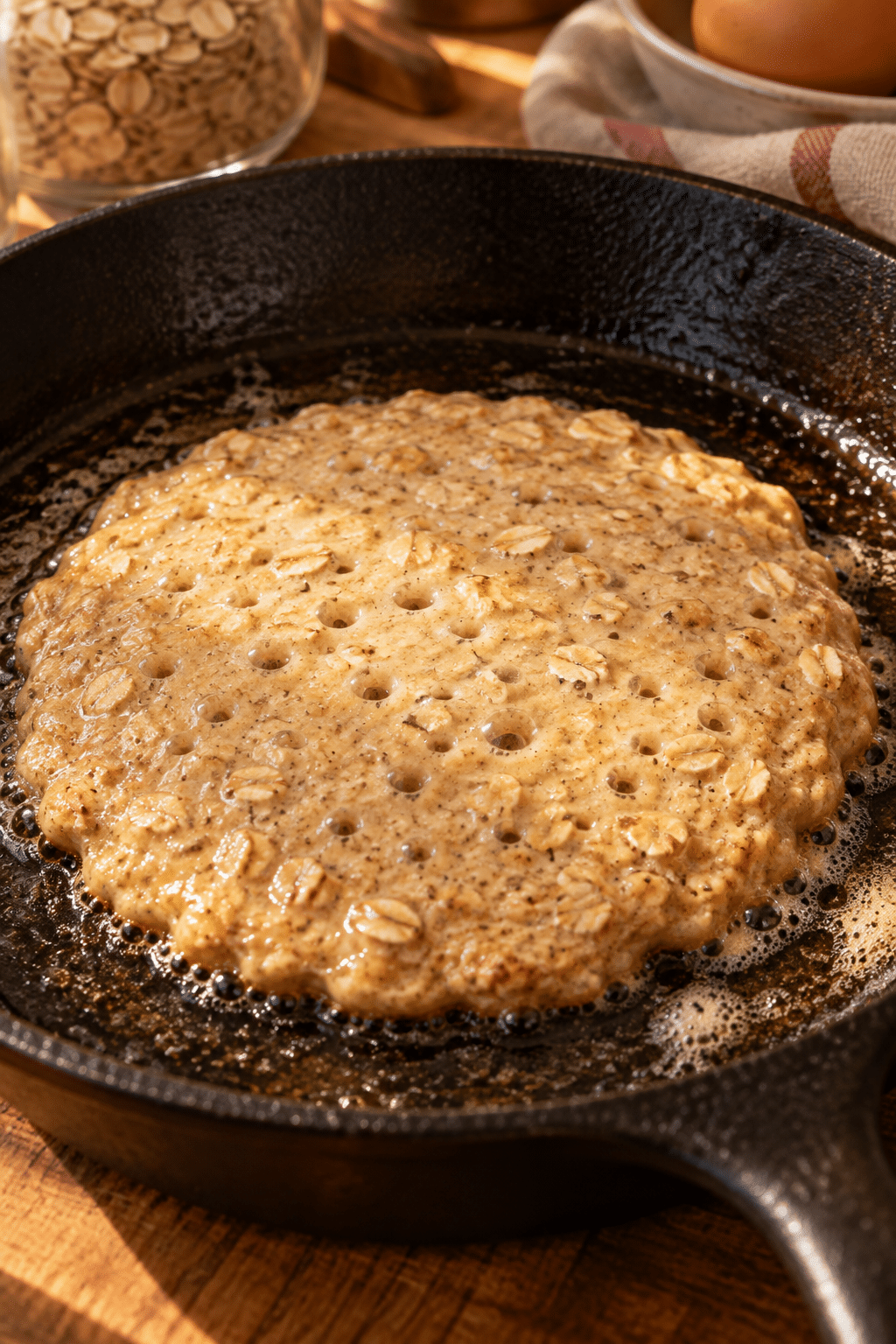 Cooking old-fashioned oatmeal pancakes in a skillet