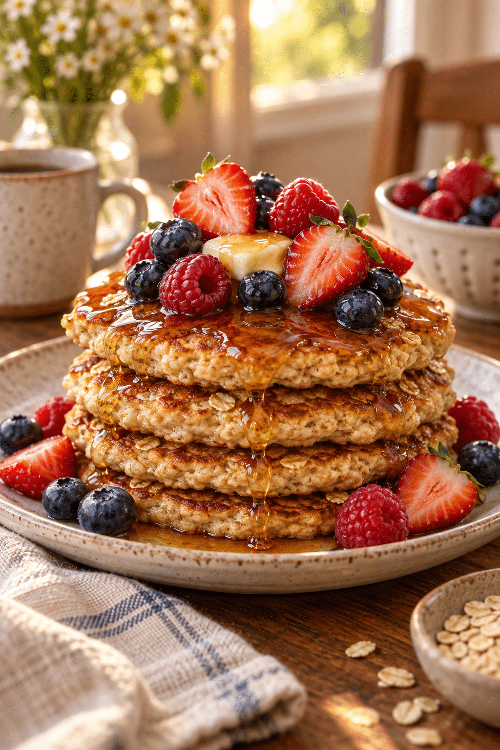 Stack of old-fashioned oatmeal pancakes with berries