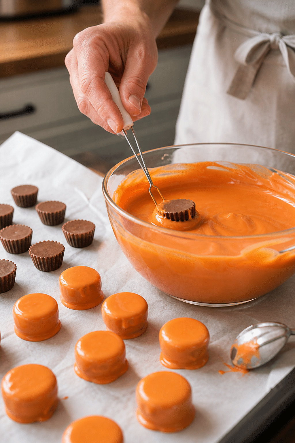 Preparing peanut butter cup basketball treats step by step