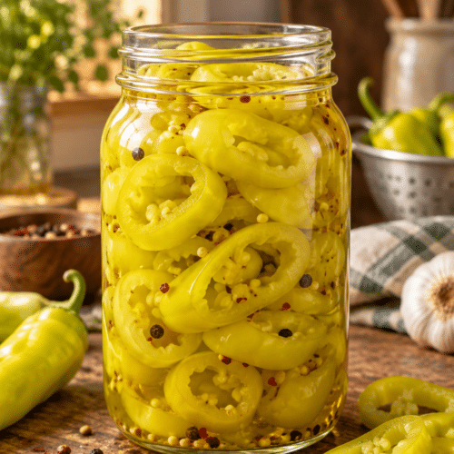 Pickled banana peppers in a glass jar